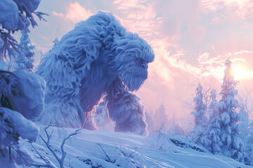 Wall Mural - Huge fantasy yeti character in beautiful outdoor nature background