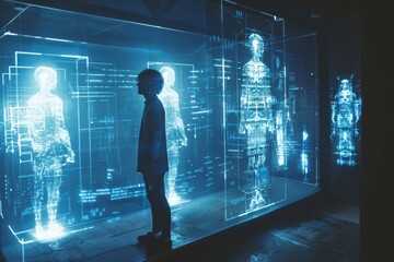 Poster - Exploring a futuristic exhibit with holographic figures in a dark, tech-inspired environment during an evening visit. Generative AI