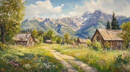 Canvas Print - Idyllic countryside summer landscape with wooden old houses, beautiful flowers and trees with the Alp mountains in the background, oil painting on canvas  