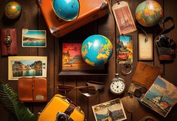 vibrant travel props displayed textured surfaces exuding colorful aesthetics dynamic visual appeal, accessories, adventure, artifacts, bags, backpacks