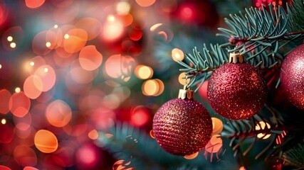 Aufkleber - Red ornaments glimmer in the light, hanging from a lush Christmas tree branch adorned with vibrant bokeh lights, enhancing the holiday spirit in December.