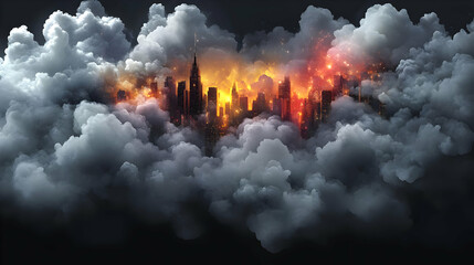 Sticker - City in the Clouds, Burning with Light,  A Digital Art Creation