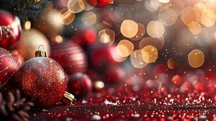 Poster - A collection of striking red ornaments is arranged on a surface sprinkled with glitter, capturing the essence of Christmas festivities and joyful celebrations.
