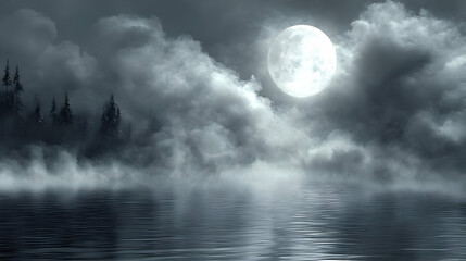 Poster - Full Moon Over a Misty Lake with Silhouette Trees