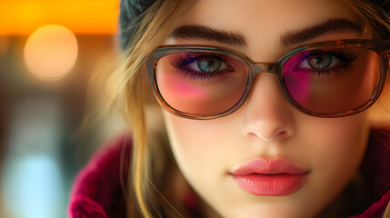 Canvas Print - Woman in Glasses with Pink Lens, Eyes Looking at Camera, Close Up, Soft Focus Background