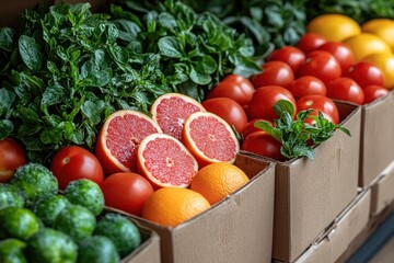 Wall Mural - Fresh Produce Display in Cardboard Boxes