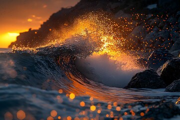 Canvas Print - Captivating sunset waves crashing on rocky shoreline at dusk