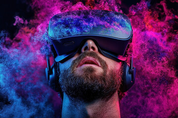 A bearded man engaged with a vibrant digital reality through his VR headset, surrounded by vivid colors and digital smoke in a mesmerizing immersive experience.