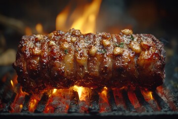 Pork knuckle hanging over a campfire on a dark background. Flames and smoke on dark background. Baked meat. Delicious dish. Meat with spices and sauce. 