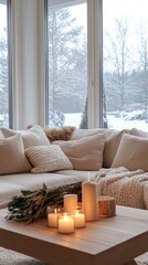 Poster - A cozy living room with a couch, a coffee table, and a window