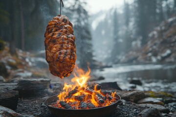 Pork knuckle hanging over a campfire on a dark background. Flames and smoke on dark background. Baked meat. Delicious dish. Meat with spices and sauce. 