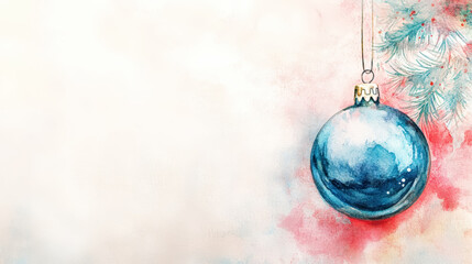 Aesthetic watercolor christmas decoration ball, copy space. Greeting template. Generative AI