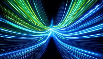 Wall Mural - Dynamic neon light streams with a futuristic glow, intersecting in a display of vibrant blue and green energy lines against a dark background