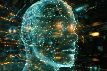 Poster - Exploring the fusion of technology and humanity through a digital visage illuminating the future of intelligent design. Generative AI