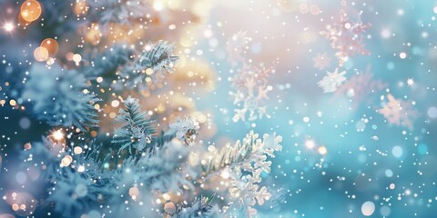 Poster - A tree covered in snow with a bright blue sky in the background. The snow is falling and the tree is lit up with lights