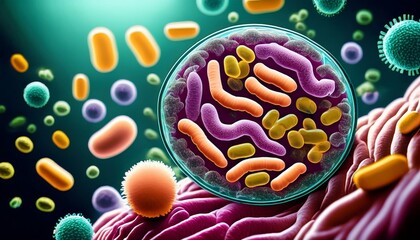 Wall Mural - Microscopic View of Gut Bacteria Illustrating Leaky Gut Prevention through Healthy Gut Barrier and Probiotic Interaction, Highlighting Protective Mechanisms Against Gastrointestinal Disorders