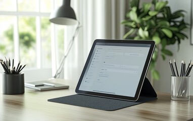 Poster - A modern workspace featuring a tablet on a stand, surrounded by stationery and plants, ideal for productivity.