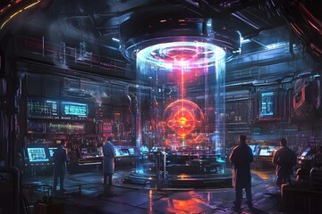Poster - Cutting Edge Fusion Reactor Research Facility Showcasing Futuristic Plasma Containment and Holographic Displays in a Nanopunk Inspired Underground Complex