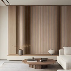 Poster - Decorative wooden wall panel featuring a clean linear slat pattern in a neutral muted color palette  The simple