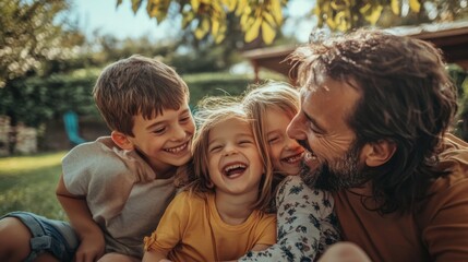 A happy family of four playing in the backyard sunny day candid moments children laughing parents smiling natural and joyful atmosphere