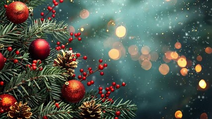 Poster - A beautifully decorated Christmas tree features vibrant red ornaments and natural pine cones while twinkling lights create a magical winter ambiance in the background.