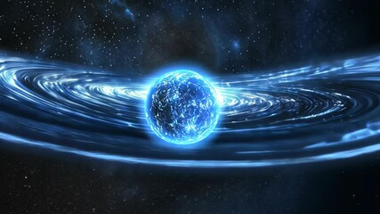 Wall Mural - A bright, blue planet sits in the center of a swirling galaxy
