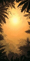 Sticker - A beautiful sunset scene in a tropical jungle, featuring silhouetted leaves and warm golden light creating a serene atmosphere.