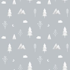 Winter nordic nursery landscape background, snow green tree, mountain, cloud, roads Scandinavian seamless pattern, Christmas party wrapping paper, New Year craft pattern, hand draw  background
