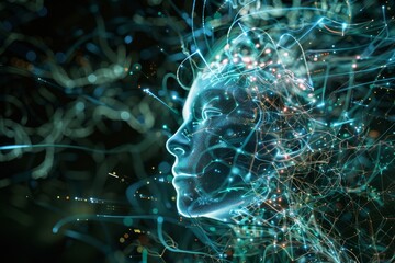 Poster - A captivating digital portrait of a human-like figure entwined with vibrant light and data in a cosmic setting. Generative AI art