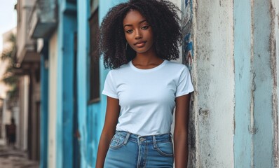 portrait of beautiful african american woman wearing white blank t-shirt mockup in street