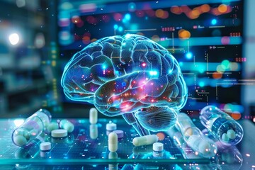 Poster - A futuristic representation of a human brain surrounded by glowing pills and vibrant data streams in a high-tech laboratory setting. Generative AI