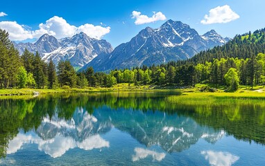 Wall Mural - A serene landscape featuring mountains, a clear lake, and lush greenery, reflecting nature's beauty.