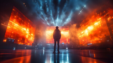 Sticker - A Lone Figure Stands Before a Wall of Light, Stage, Performance,  Dark Stage, Bright Lights, Digital Art,  Abstract Background,  Stage Design,  Minimalist,  Red and Blue,  Silhouette