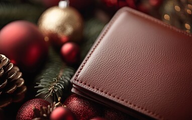 A brown wallet placed among festive red and gold ornaments, pinecones, and greenery, evoking a holiday atmosphere.