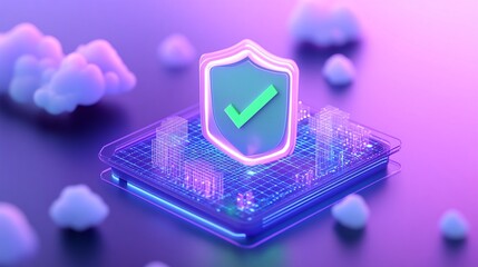 Wall Mural - Digital shield icon with checkmark, glowing in neon colors, set on a futuristic grid background with abstract clouds.