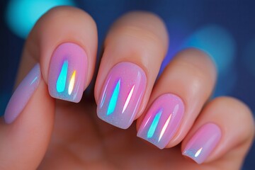 Poster - Holographic pink nails shining with rainbow reflections, polished to a mirror like, glossy finish