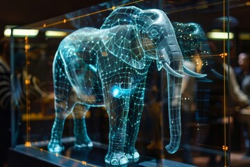 Poster - A stunning holographic elephant exhibit showcases innovative technology and art at the science museum during the evening hours. Generative AI