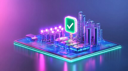 Poster - Futuristic cityscape with neon lights and a digital check mark, symbolizing innovation and progress.