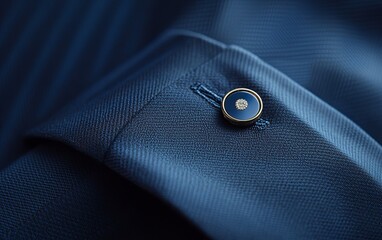 A close-up of a blue shirt cuff featuring a decorative button, highlighting fabric texture and design details.