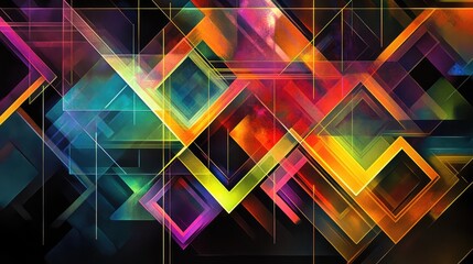 Wall Mural - Geometric shapes in bright neon colors, layered over a black background, creating a futuristic, digital abstract composition.