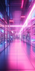 Poster - A neon pink hallway with a neon pink sign on the wall