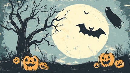Wall Mural - a halloween scene in vintage folk art style, featuring a full moon, spooky jack-o'-lanterns, and a g