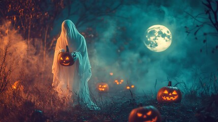 Wall Mural - a creepy vintage halloween scene with a ghost holding a pumpkin, glowing jack-o'-lanterns, and a ful