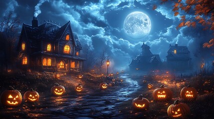 Wall Mural - a folk art halloween night scene with glowing jack-o'-lanterns, a haunted house, and a full moon ill