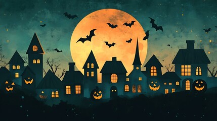 Wall Mural - a folk art halloween night, showcasing a haunted village with grinning pumpkins and bats flying agai