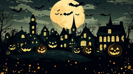 Wall Mural - a folk art halloween night, showcasing a haunted village with grinning pumpkins and bats flying agai