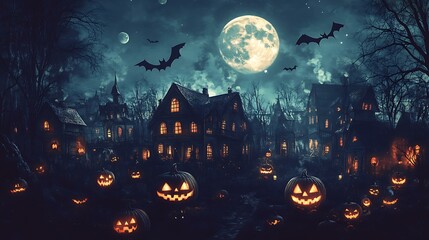 Wall Mural - a folk art halloween night, showcasing a haunted village with grinning pumpkins and bats flying agai
