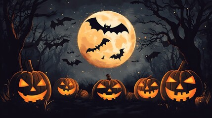 Wall Mural - a spooky halloween night scene in vintage folk art style, featuring glowing jack-o'-lanterns and bat
