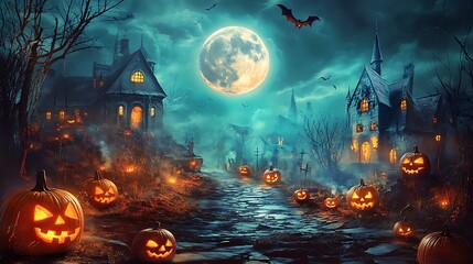 Wall Mural - a vintage halloween night scene with a full moon, haunted houses, and glowing jack-o'-lanterns linin