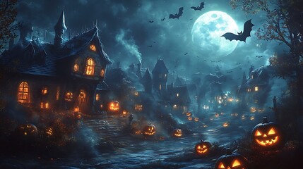 Wall Mural - a vintage halloween night, showcasing a haunted village with glowing jack-o'-lanterns and bats flyin